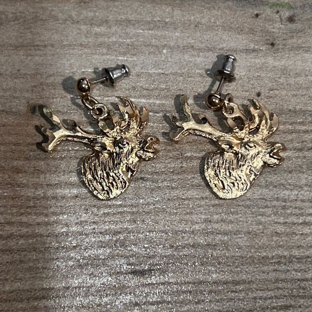 Moose/Deer Dangling Earrings Hand Carved Surgical Steel Post Gold Tone